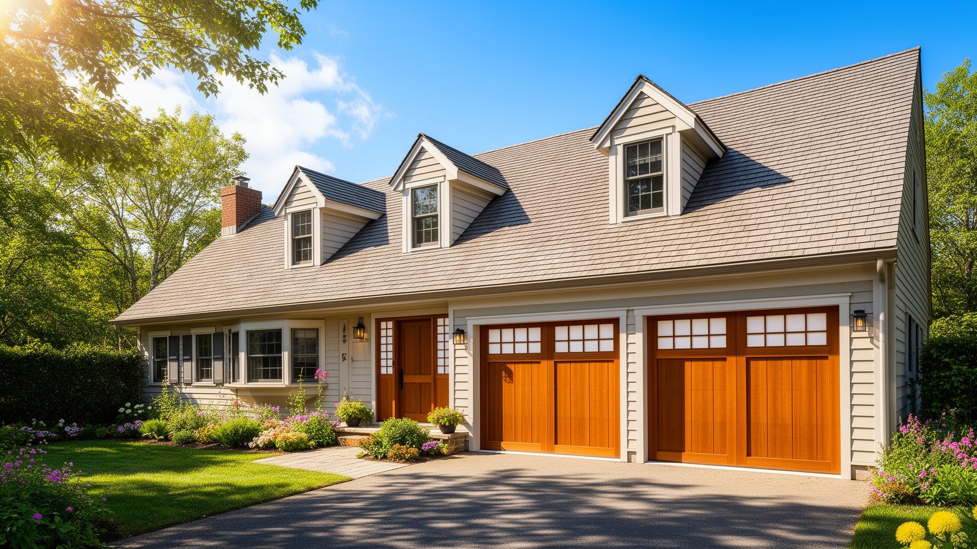 Beautiful Cape Cod home with Asian-inspired garage doors featuring shoji screen panels in Stonington CT