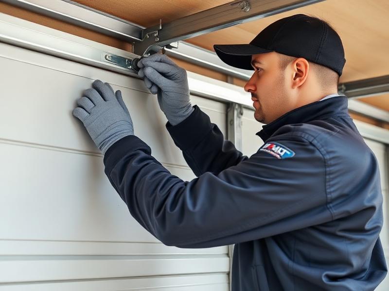 Stonington Garage Doors technician adjusting garage door track with expertise